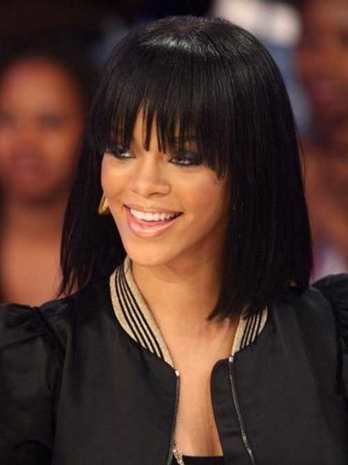 Rihanna Straight Long Bob Hairstyle with Bangs