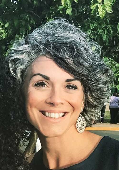 Grey Streaked Short Curly Haircut