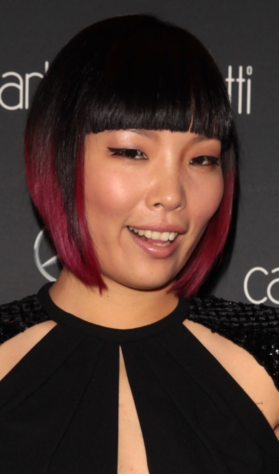 Bob With Blunt Bangs And Red Highlights