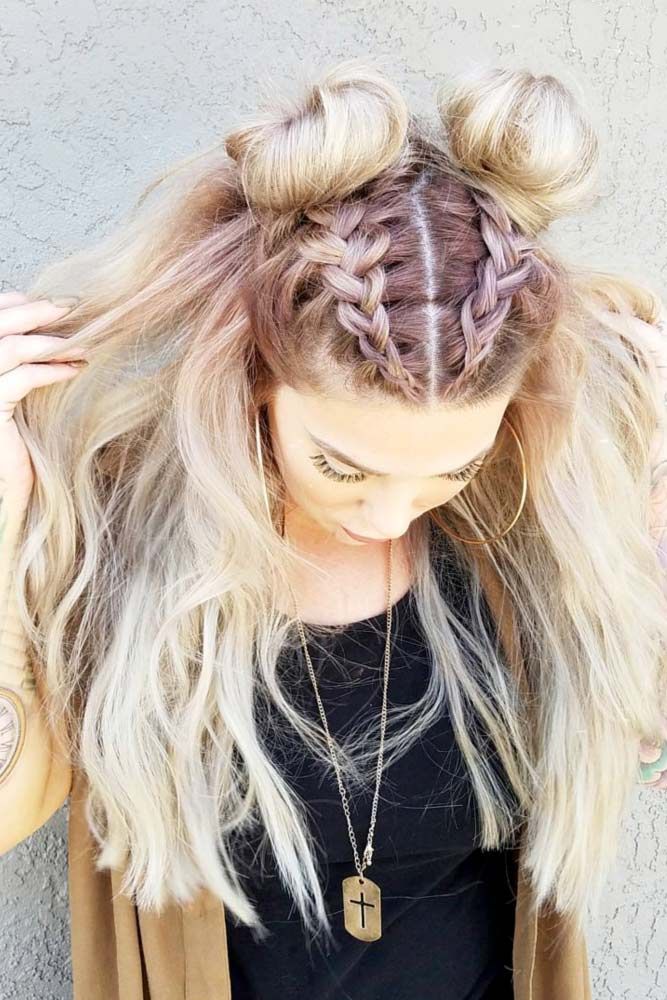 Double Buns with Front Braid Hairstyle