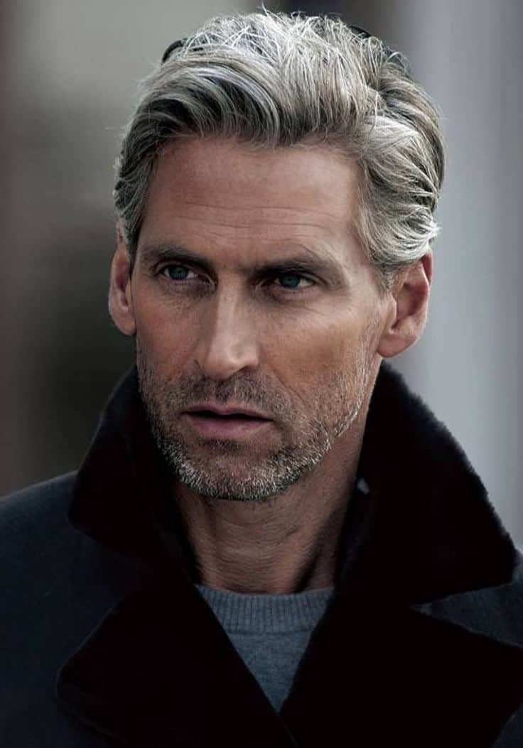 Wavy Grey Hairstyle with Stubble Beard