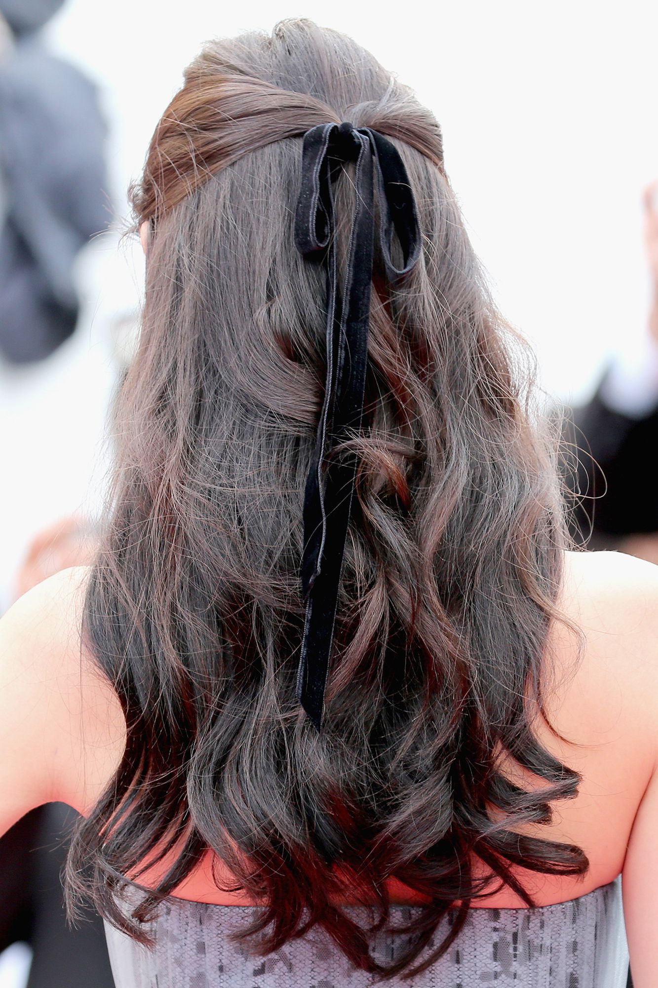 Black And Cherry Red Shade Half Tied Hair with Black Velvet Ribbon