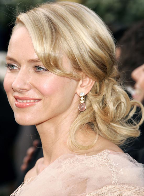 Curly Low Side Hairdo With Side Swept Bangs