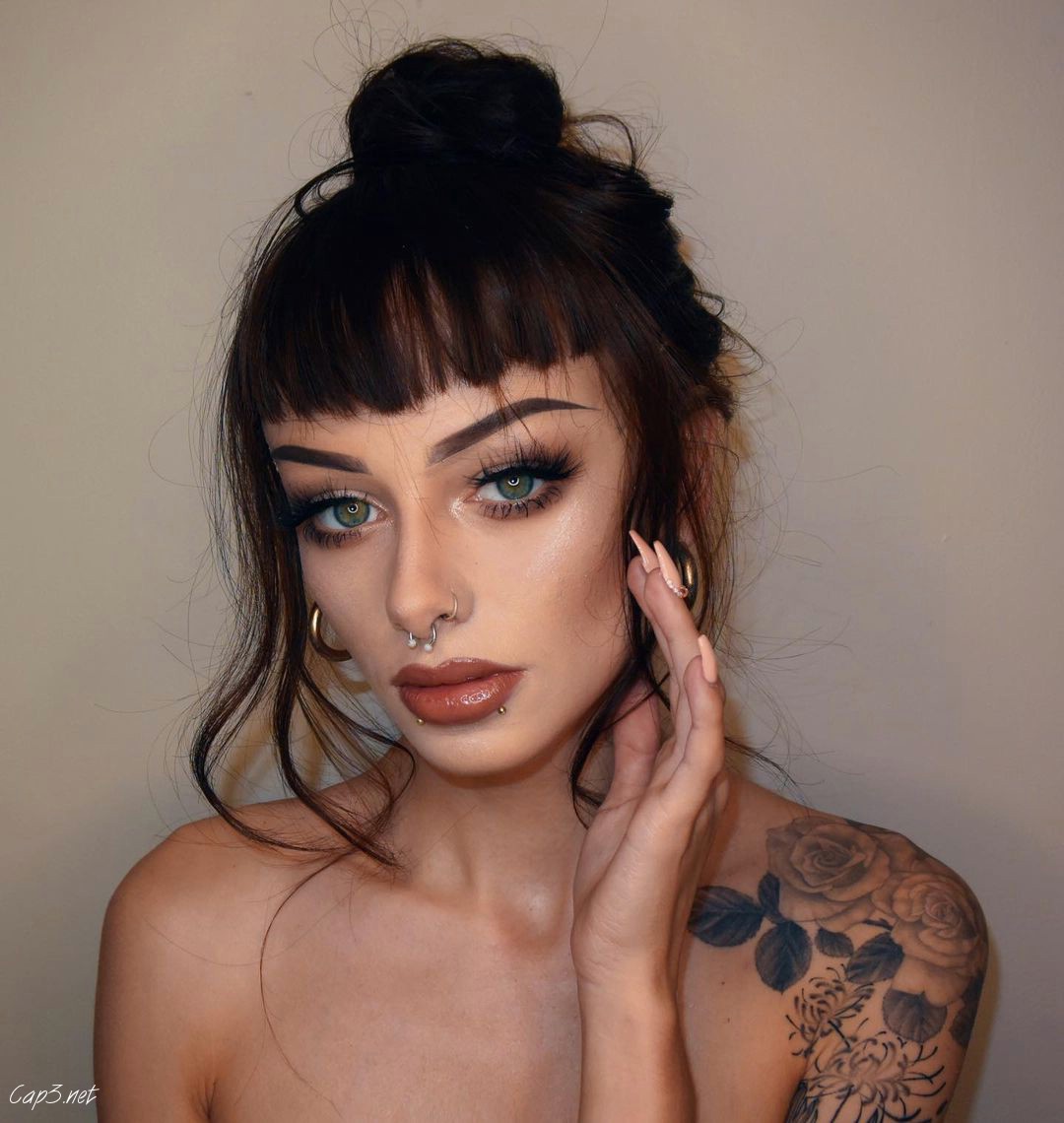 Brown Hair Messy Bun With Bangs
