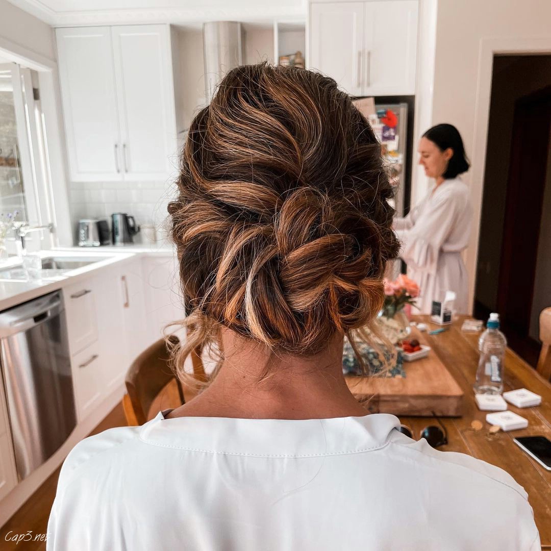 Brown Hair With Highlights Messy Bun