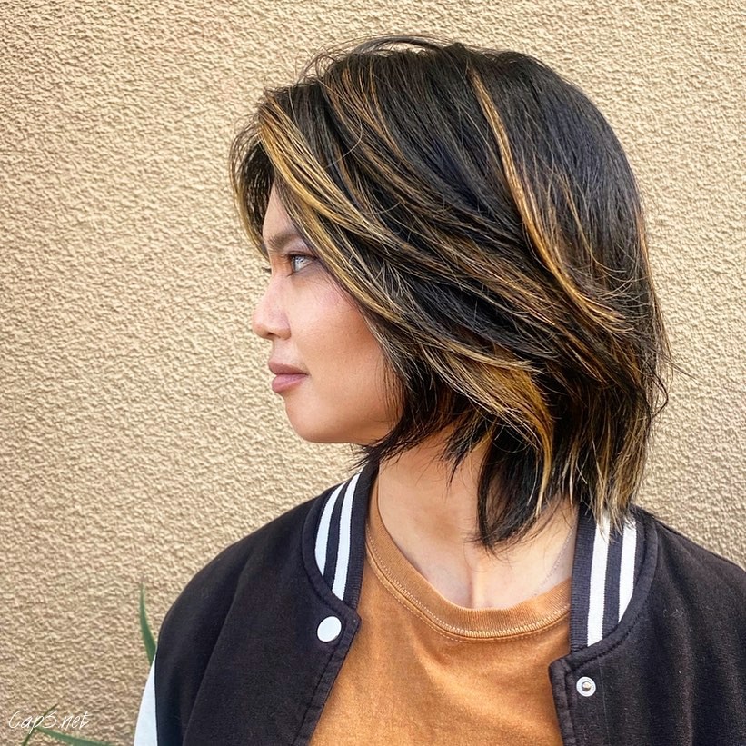 Dark Base With Blonde Highlights Layered Bob