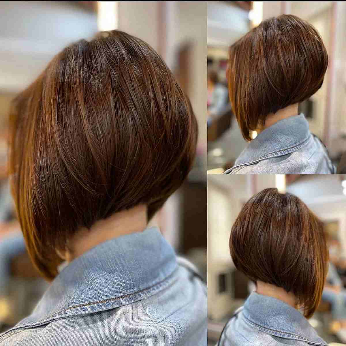 brunette short stacked bob for thicker hair