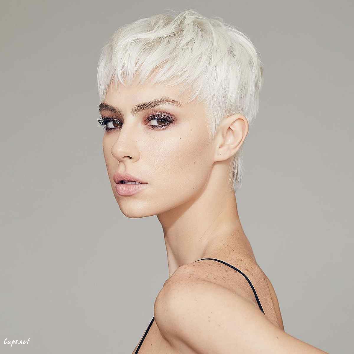 short platinum pixie with bangs