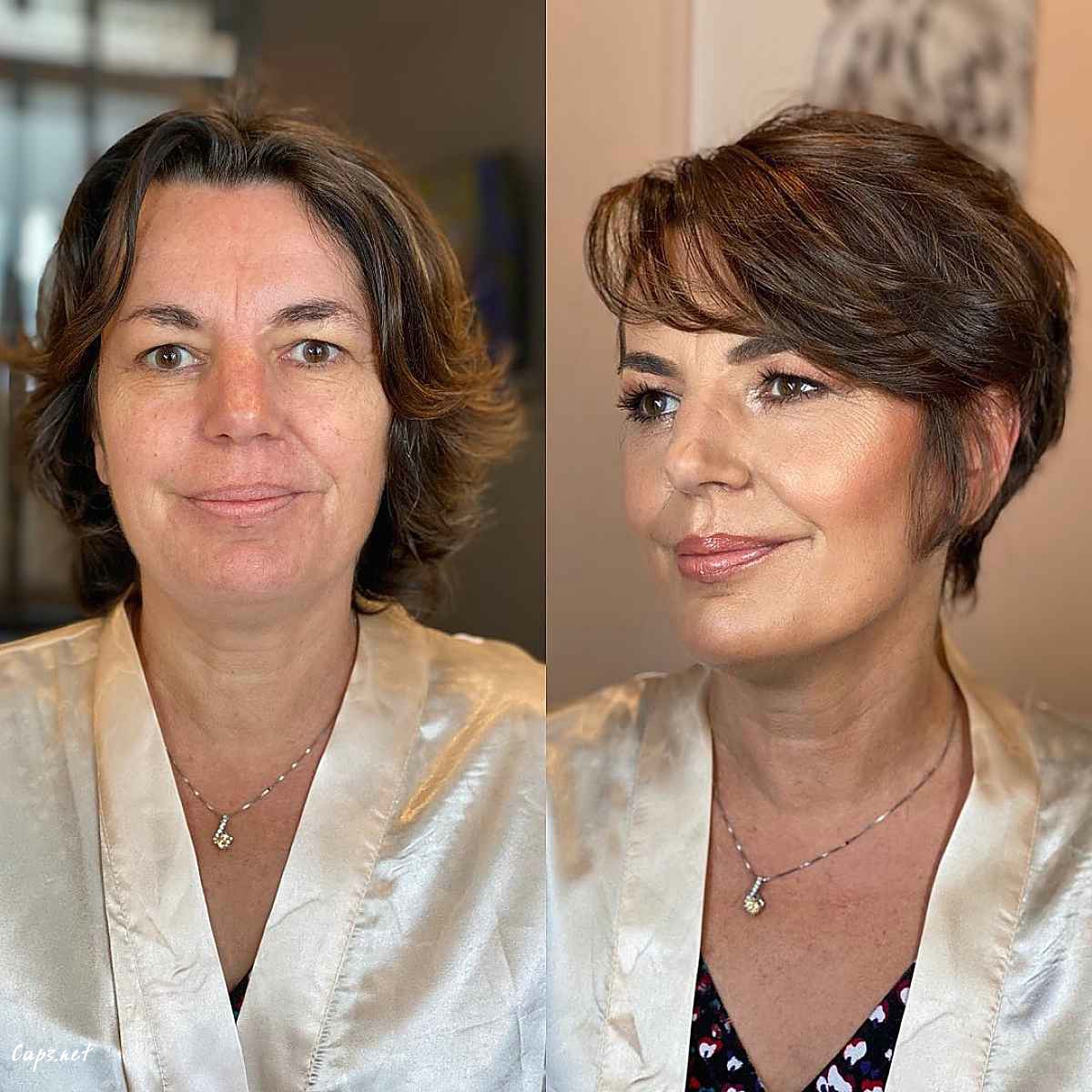 long pixie cut with side swept bangs for older women