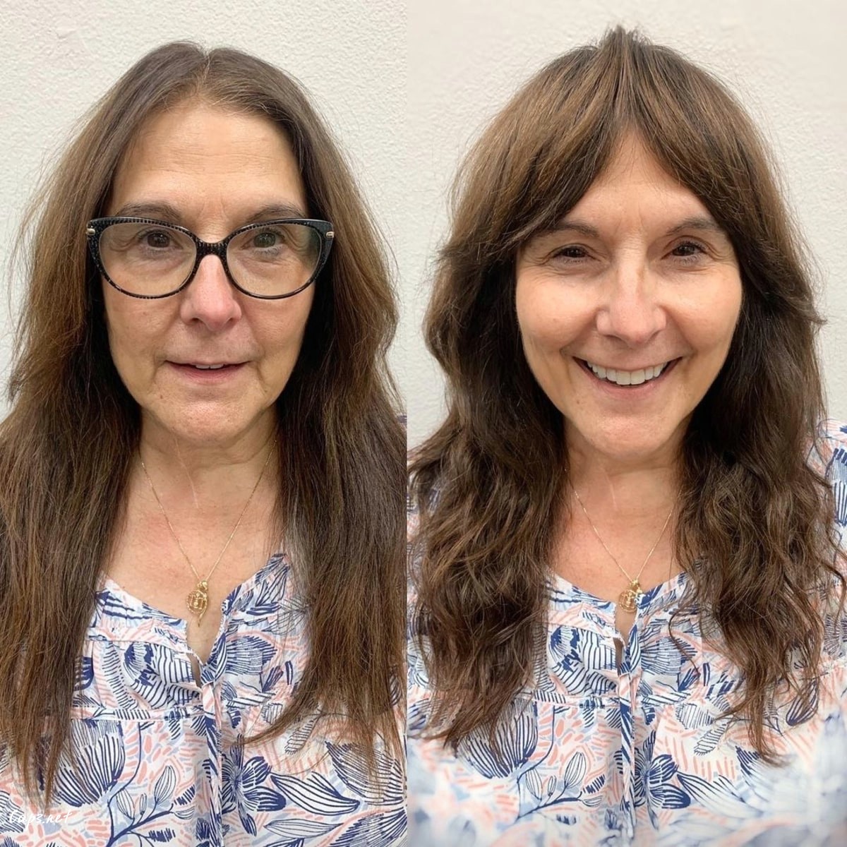 shag with curtain bangs for seniors with long hair