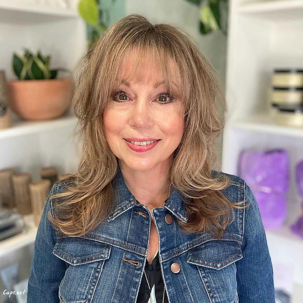 shaggy cut with fringe for long hair for women over sixty years old