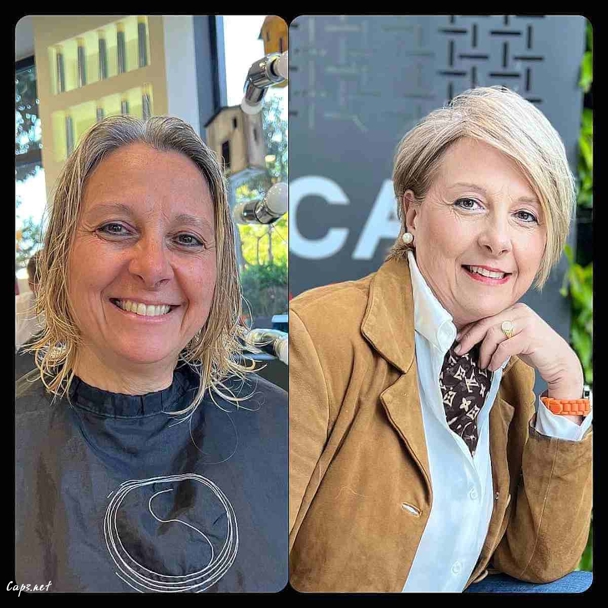 short pixie bob with a side part for women over 60