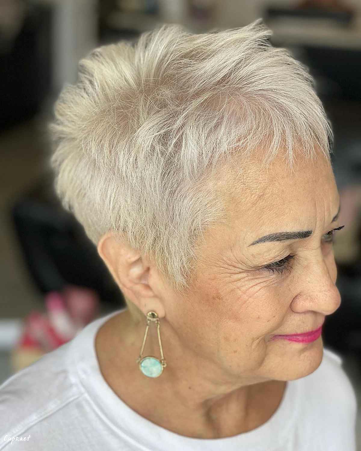 super short pixie shag cut for an older woman
