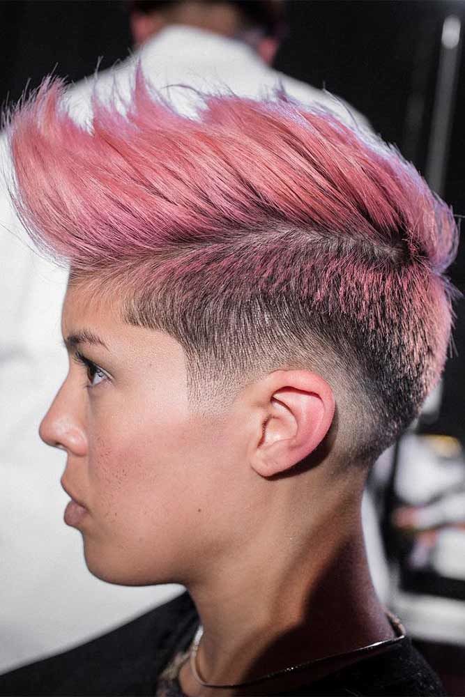 taper haircut women layered blonde pink shaved pixie long bang high