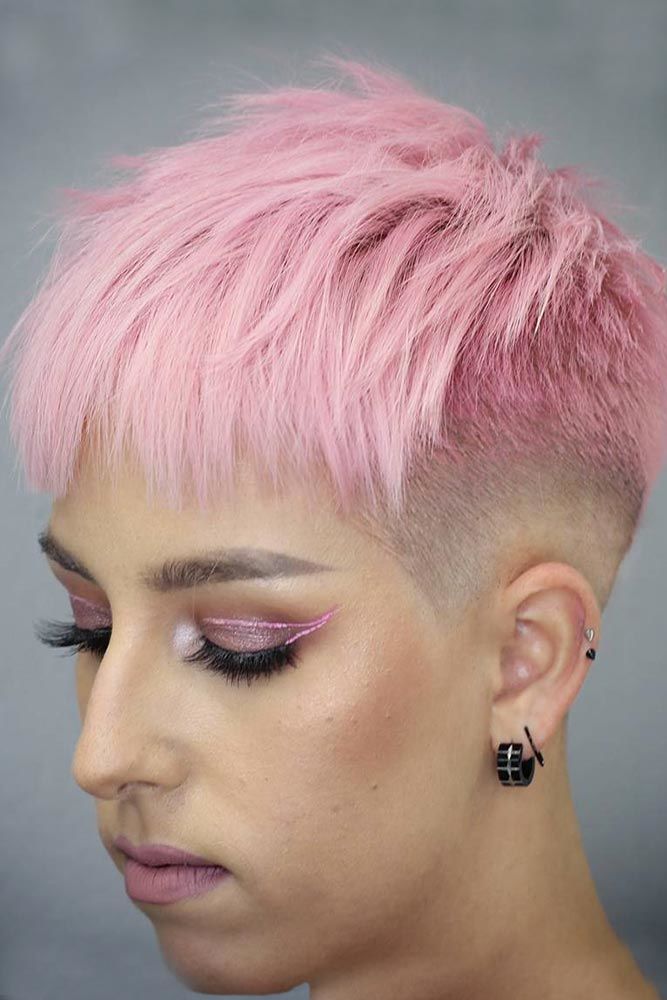 taper haircut women layered blonde pink shaved pixie long bang