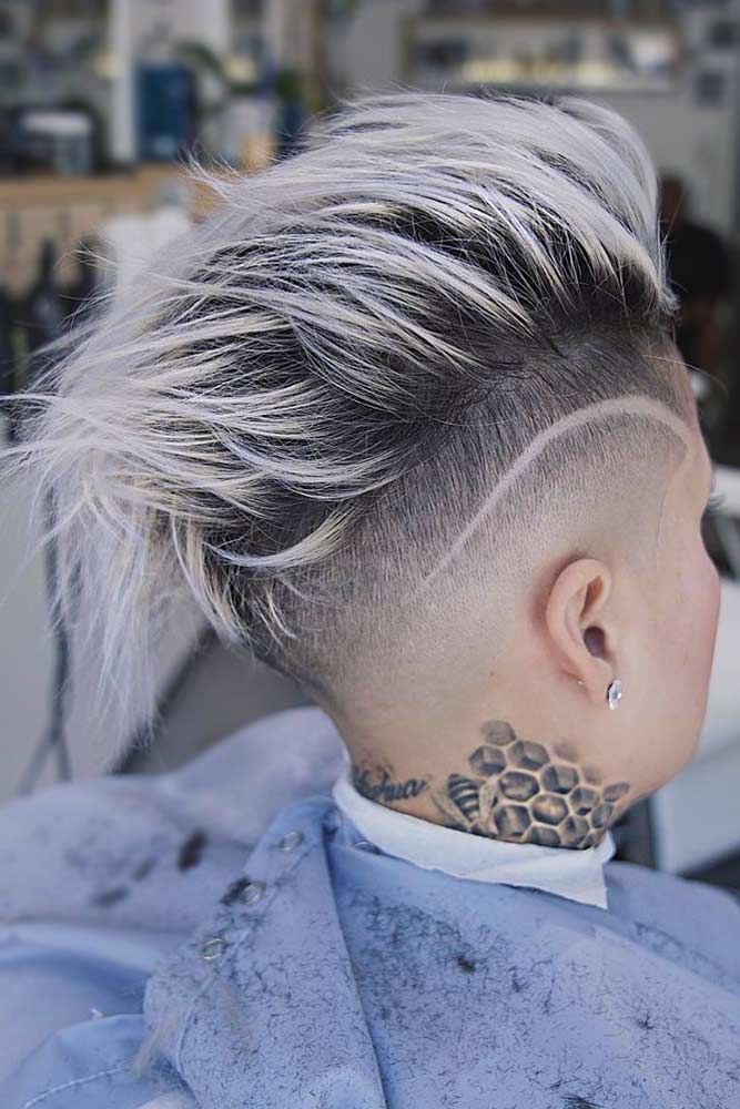 taper haircut women layered brown platinum blonde undercut shaved hairline long bang
