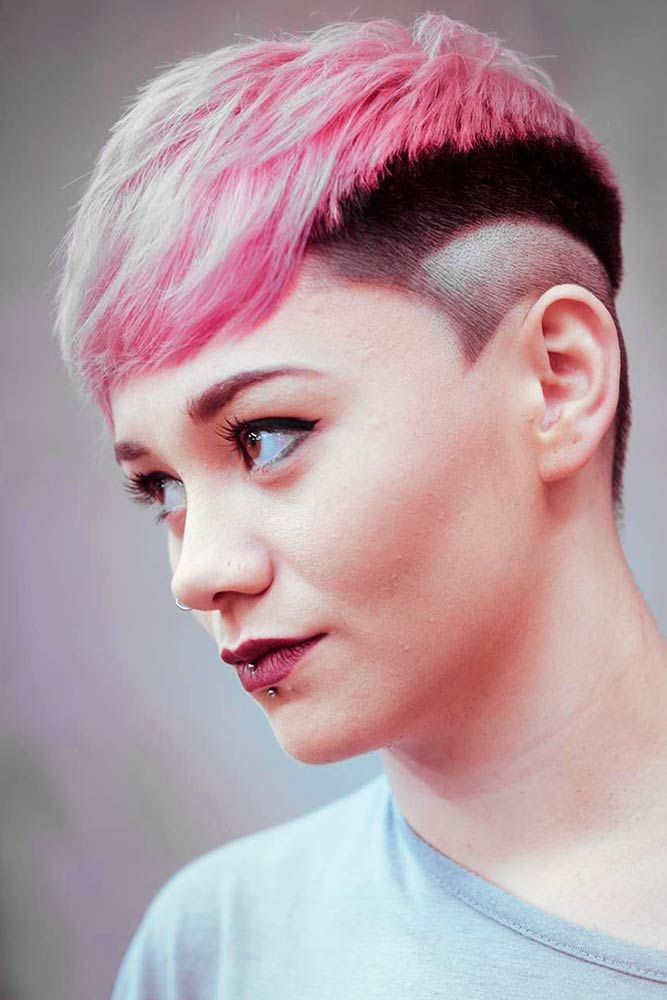 taper haircut women textured black pink color shaved short