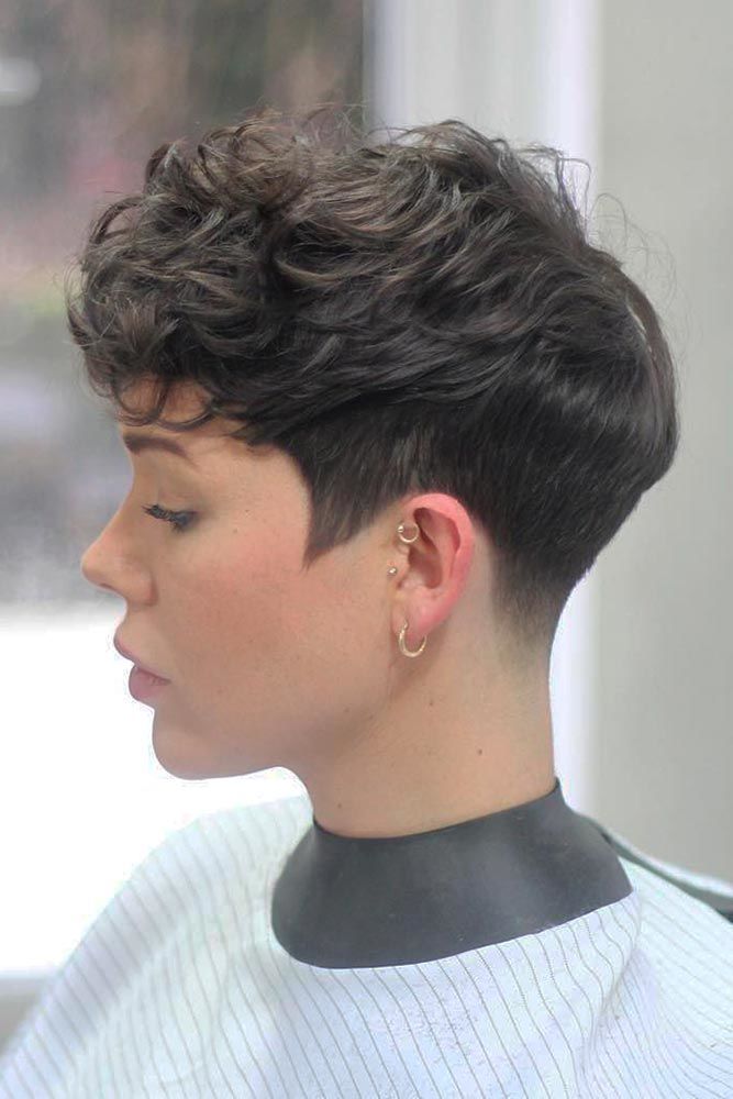 taper haircut women textured dark brown curly short pixie layered