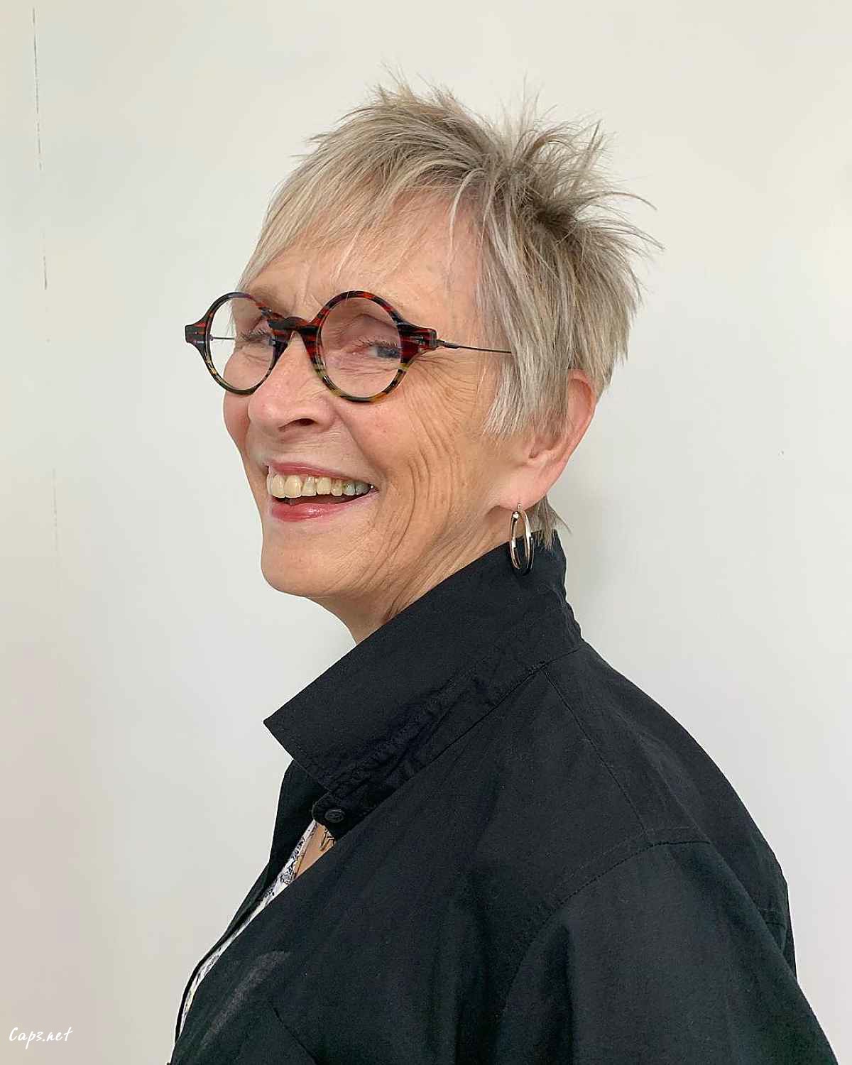 messy short pixie for older women with glasses