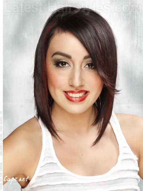 side parted lob highlighted brown hair