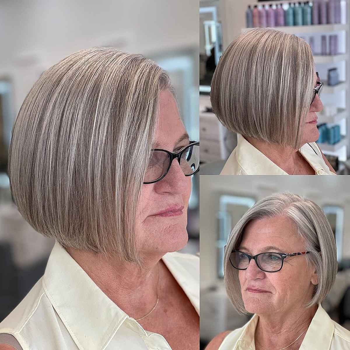 blunt chin length bob for women over 60 with glasses