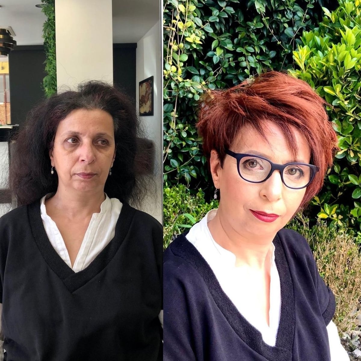 deep side part asymmetrical cut with straight hair for women over 60 with glasses