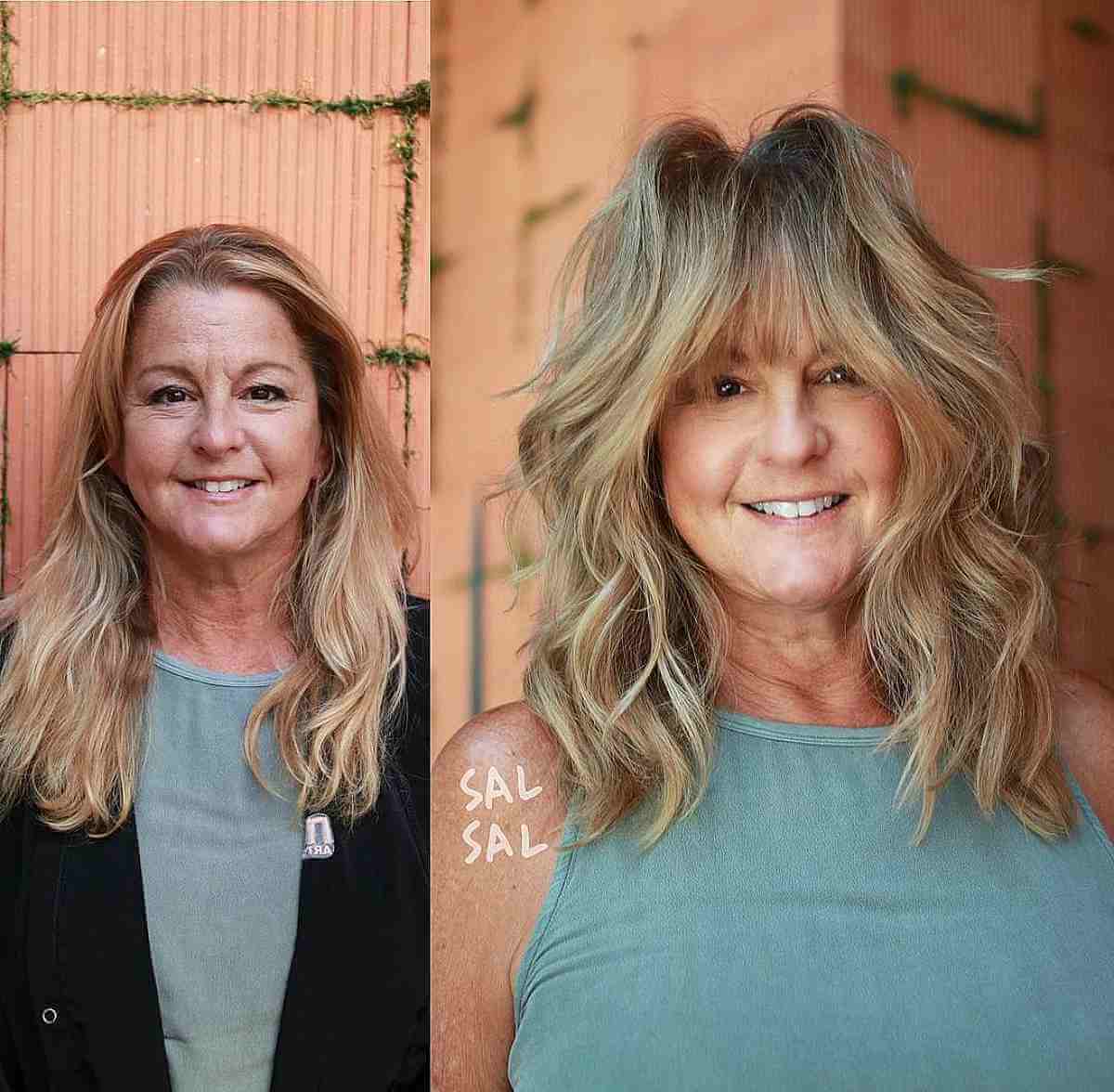 fluffy full bangs on a medium length shag for women over sixty
