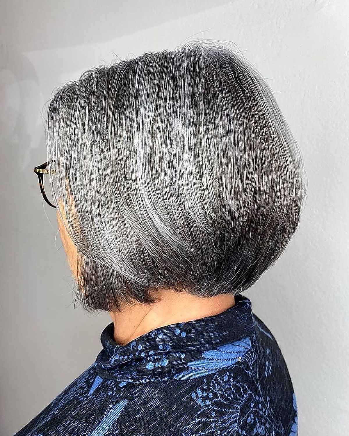 neck length stacked bob on women over 60 with salt and pepper hair