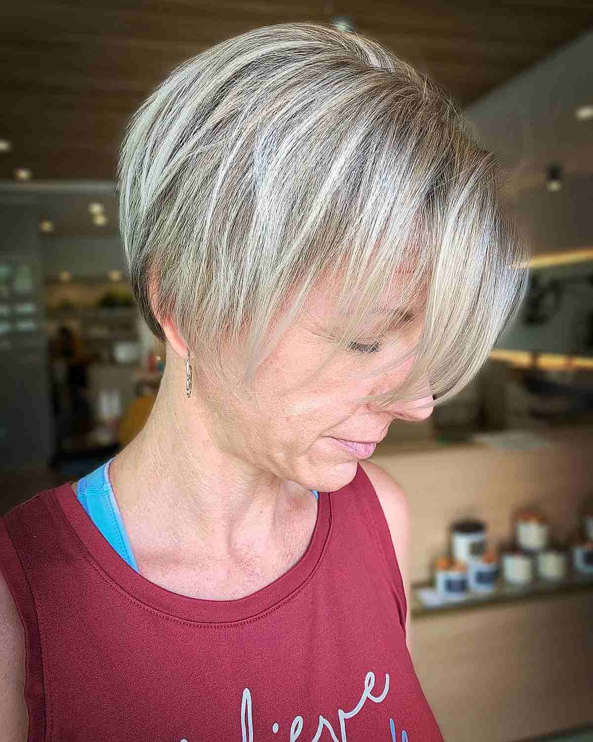 platinum blonde on a long pixie for women in their 40s