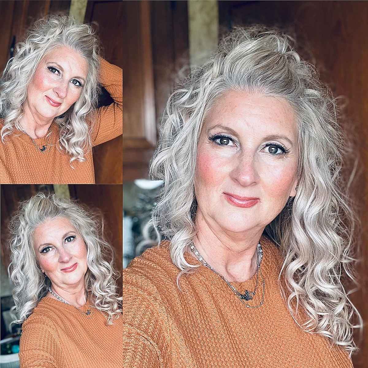 pulled back in the middle or long curly hair for mature women