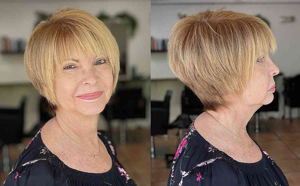 round pixie bob with eyebrow skimming bangs for ladies over 60