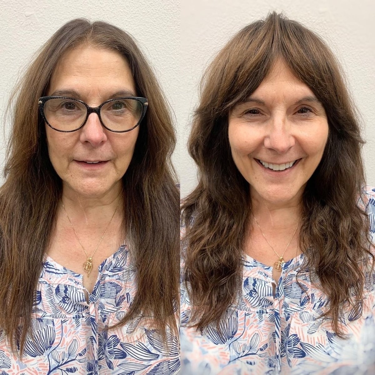 shag with curtain bangs for seniors with long hair