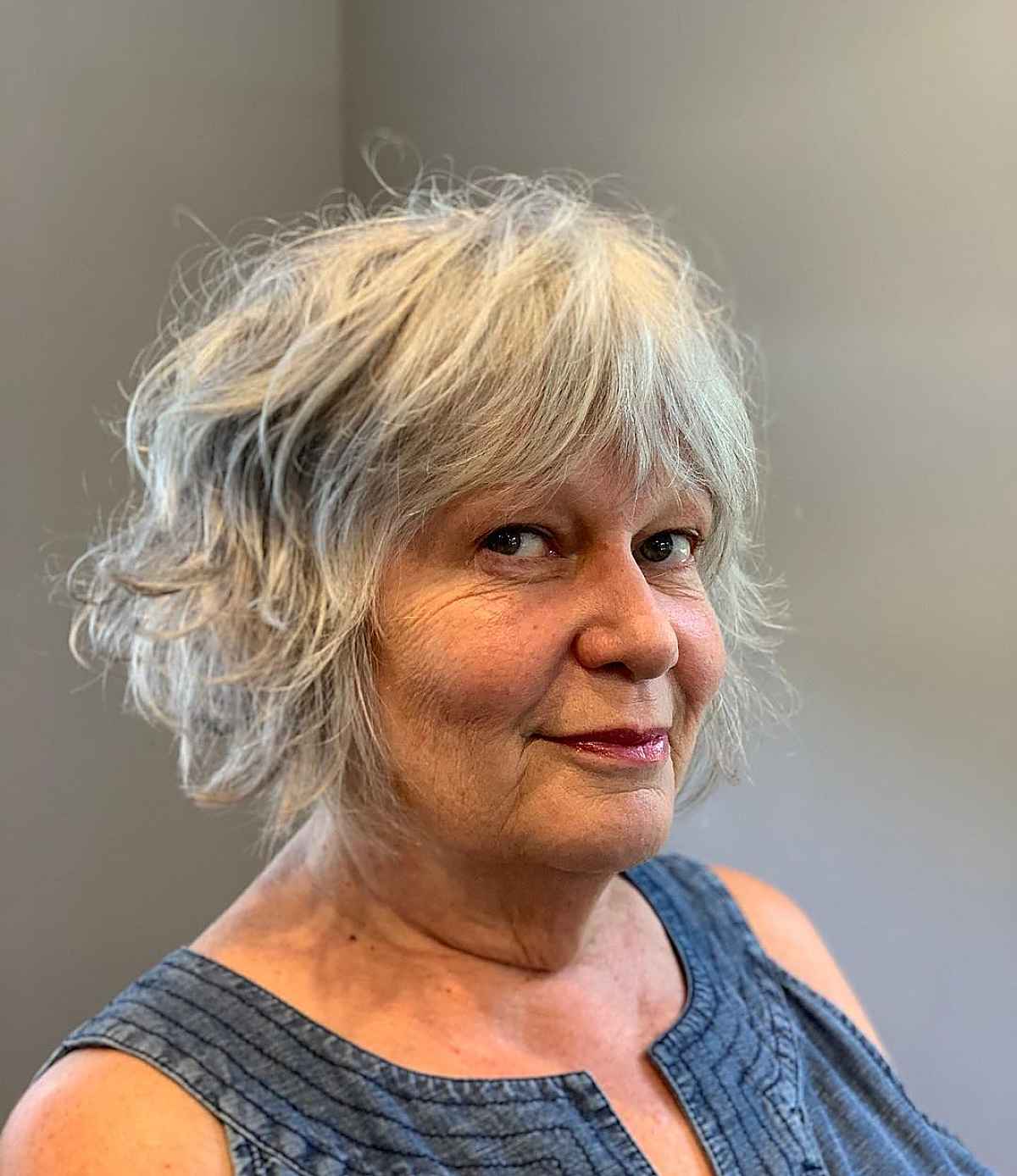 shaggy bob with feathered bangs for 60 year old ladies 1