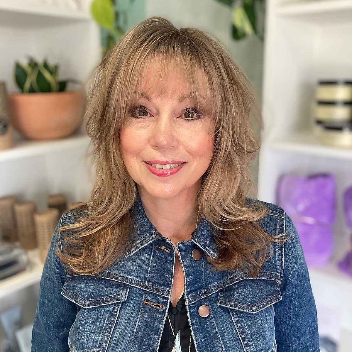 shaggy cut with fringe for long hair for women over sixty years old