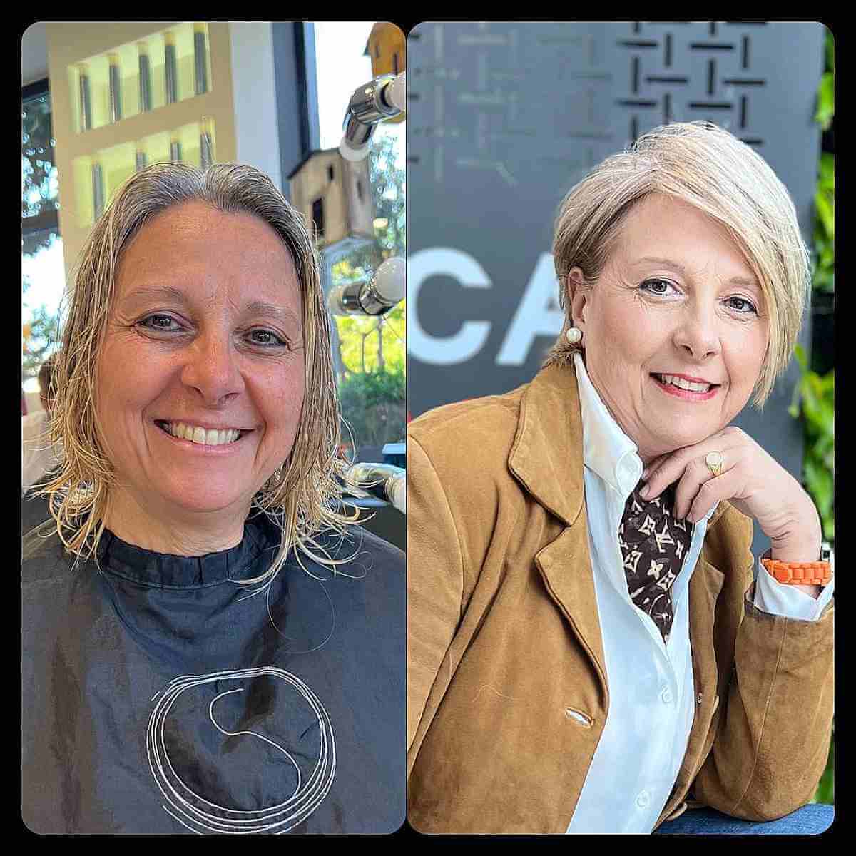 short pixie bob with a side part for women over 60