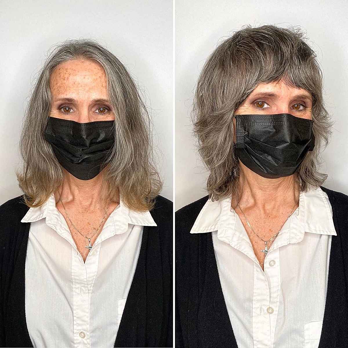 shoulder length shag with bangs for silver haired 60 year olds