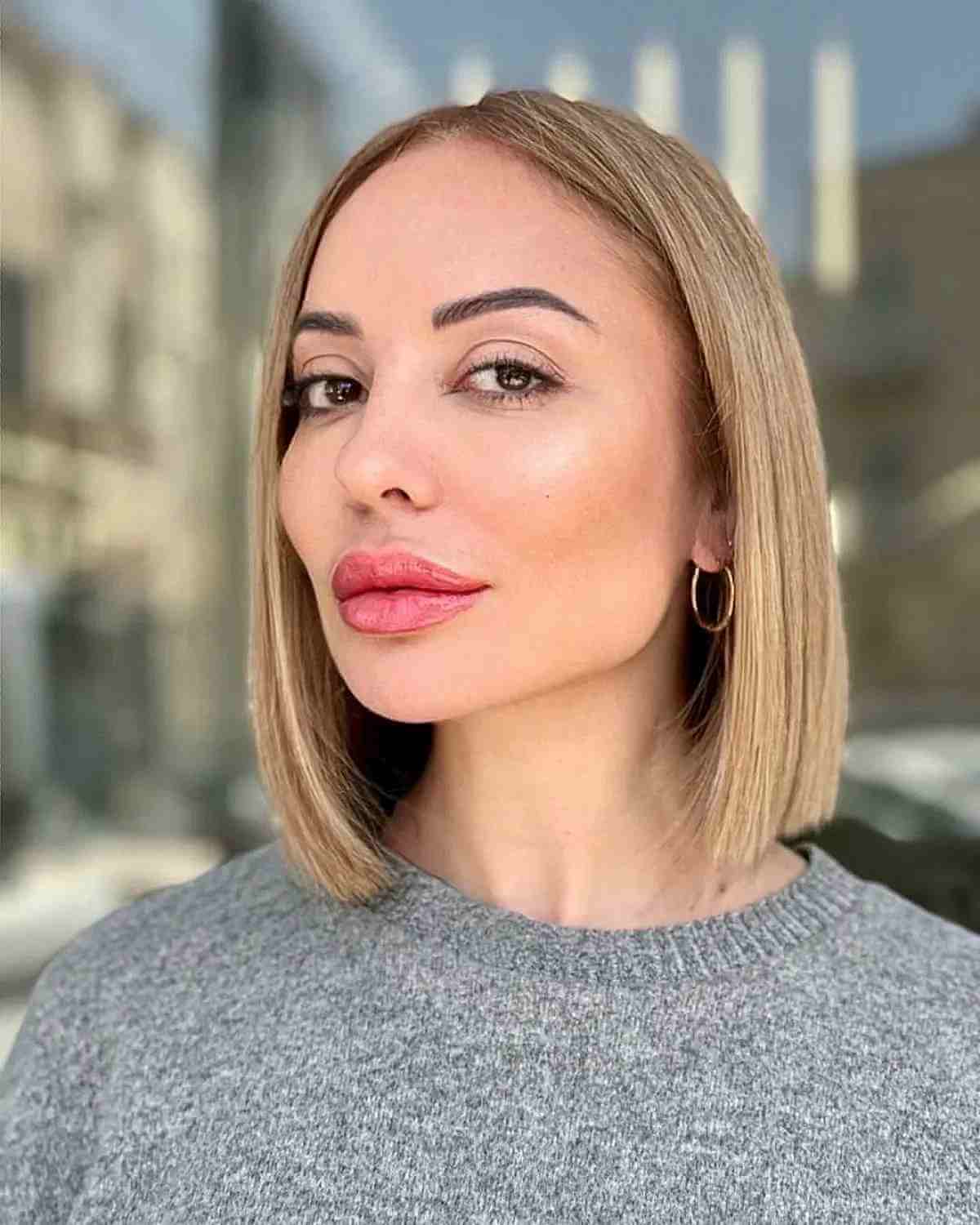 sleek one length bob cut for fine haired 40 year old women