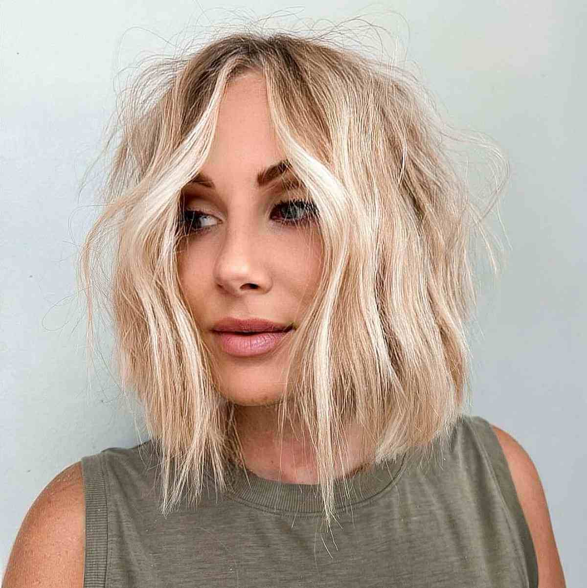 soft champagne blonde choppy lob