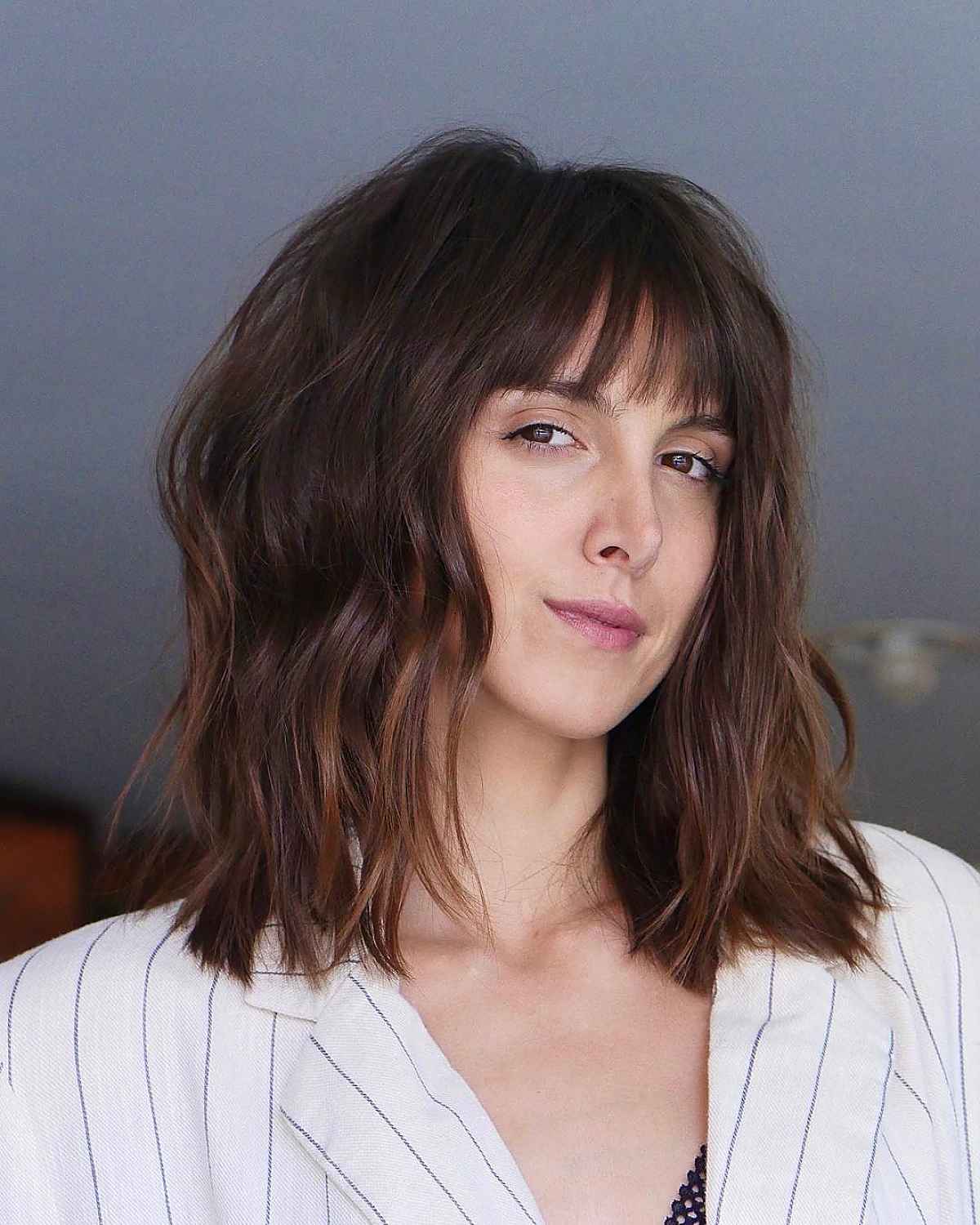 textured long bob with see through bangs