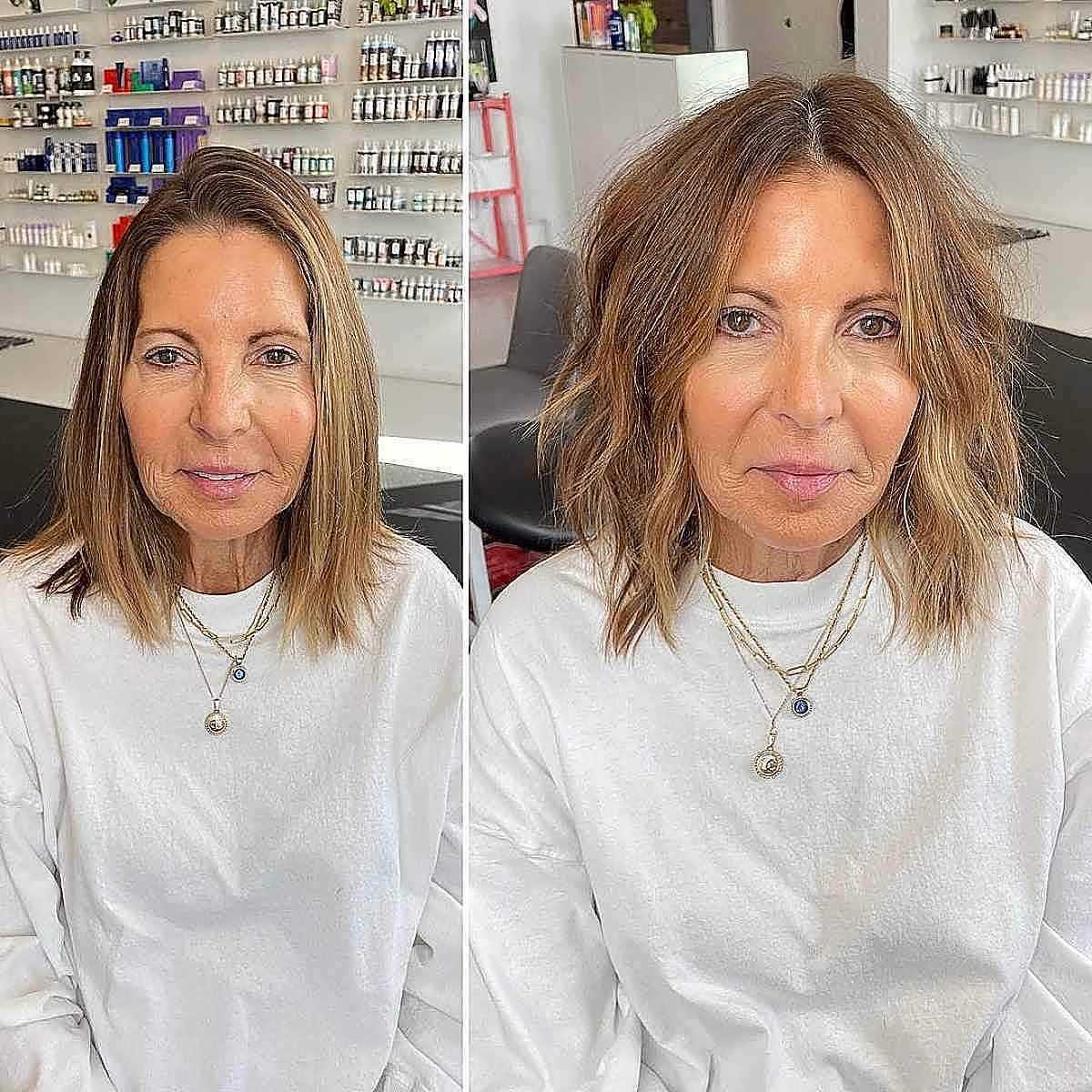 wavy layered bob with a middle part for women over 60 with fine hair
