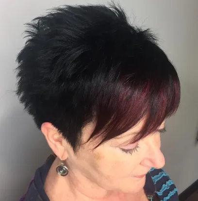 Black Choppy Pixie with Red Bangs