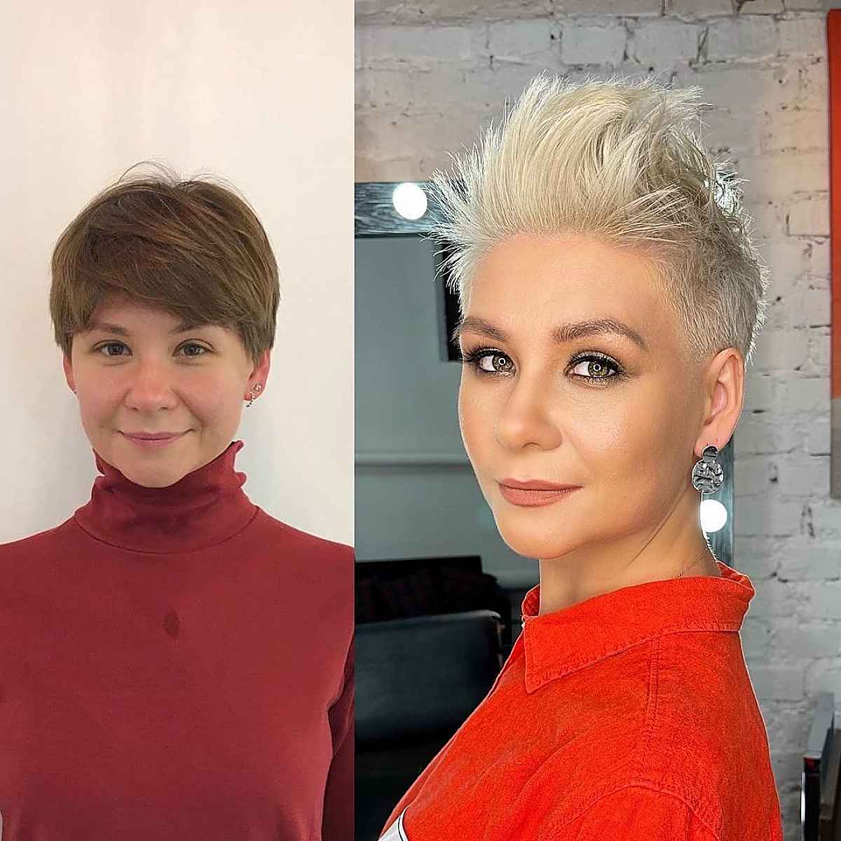 before and after of an androgynous pixie