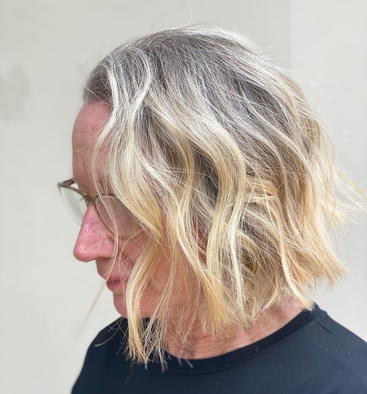 beige blonde hair color with glasses