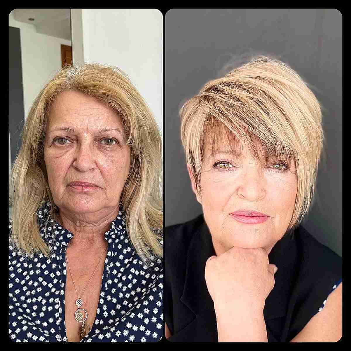 blonde balayage pixie with fringe for 70 year old ladies