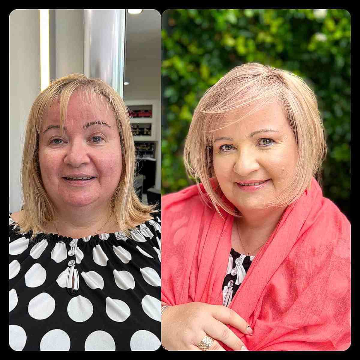 blonde face framing layers and side swept bangs for plus sized women over 60