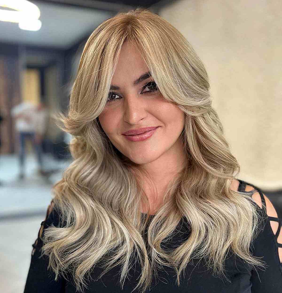 blonde feathered long curtain fringe