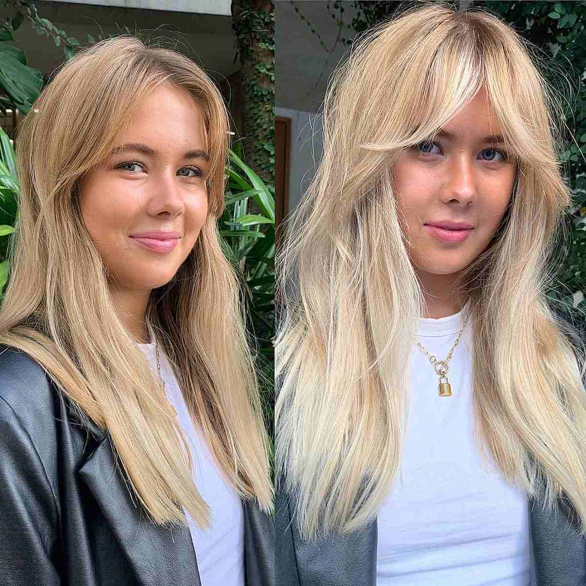 blonde long layered hair with curtain bangs on an oval face