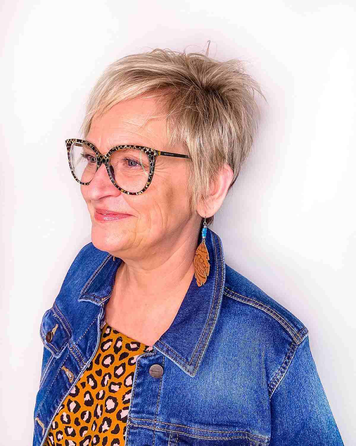 blonde piece y pixie cut for 70 year olds with glasses