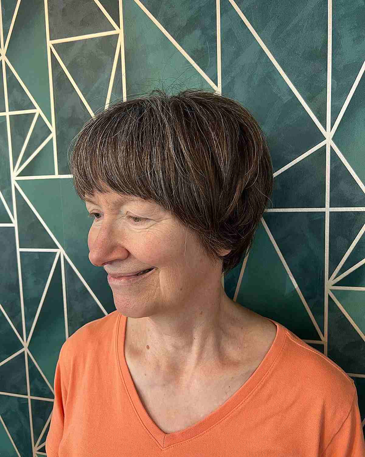 bowl cut with stacked layers for an old lady