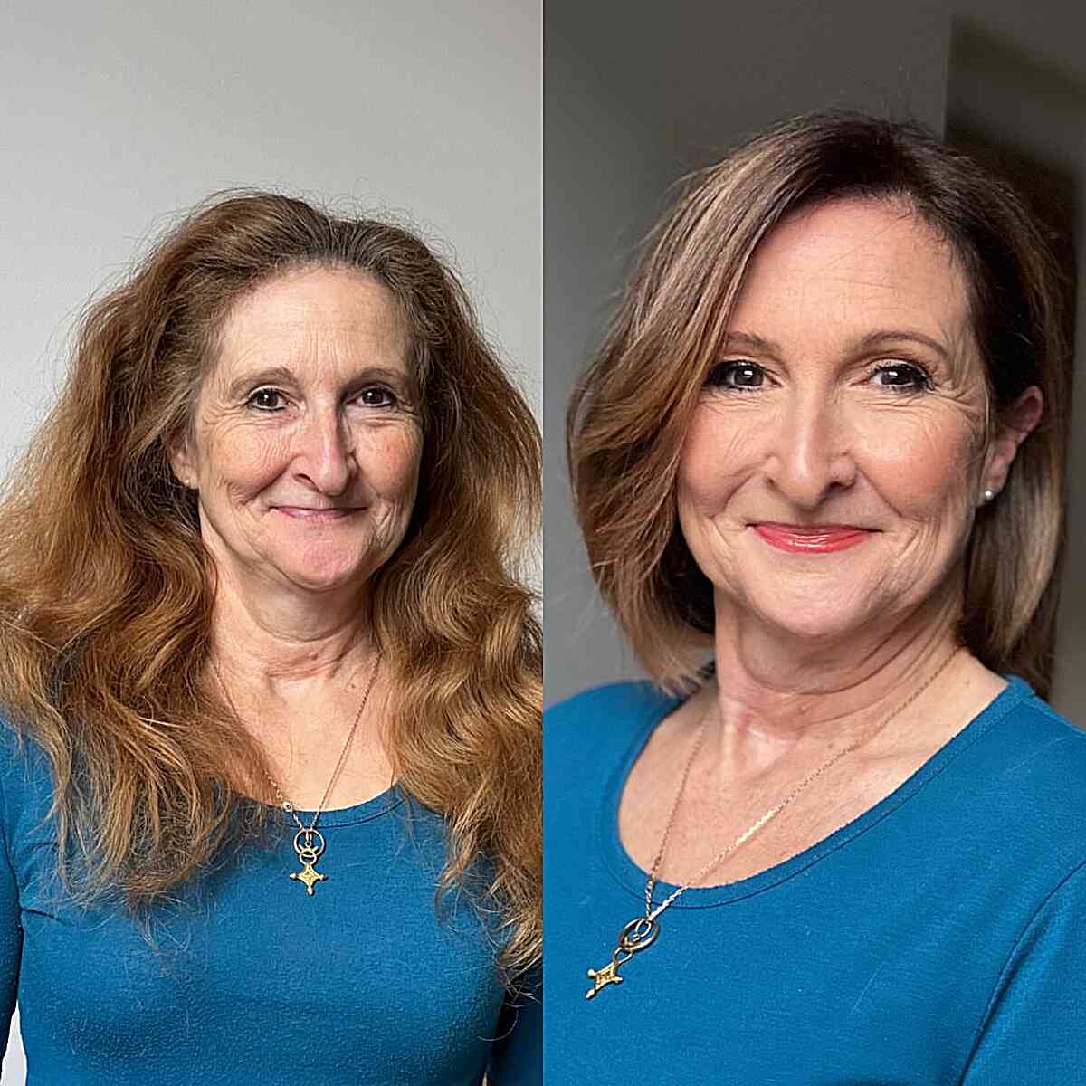 brunette lob cut with subtle blonde highlights for ladies in their 50s